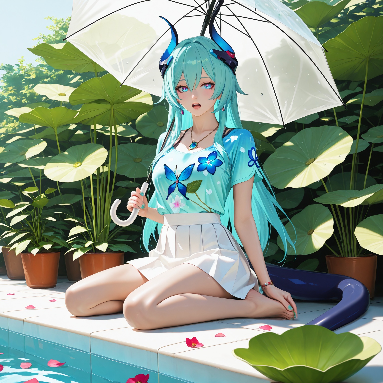 realistic,2.5D,photorealistic,bare_legs barefoot blue_eyes blue_hair blue_shirt bug butterfly fish flower frog holding holding_umbrella honkai_(series) honkai_impact_3rd horns jewelry ladybug leaf_umbrella liliya_olenyeva long_hair looking_at_animal lotus_leaf nail_polish nature necklace open_mouth petals plant shirt single_horn sitting skirt tail transparent_background umbrella water_drop white_skirt