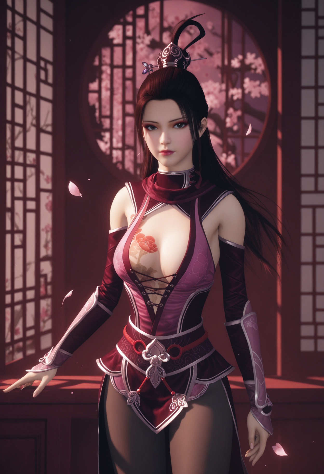 (cowboy shot:1.2),(looking at viewer:1.1),masterpiece,(best quality),smog,Dark room,dim lighting,peach blossom,falling petals,<lora:YQ_Illustrious光辉v5_玄净天_V1:0.8>,q1528437228,1girl,solo,long hair,black hair,makeup,breasts,hair ornament,tattoo,brown hair,black eyes,detached sleeves,dress,chinese clothes,brown eyes,gloves,scarf,boots,pantyhose,elbow gloves,sleeveless,hair bun,