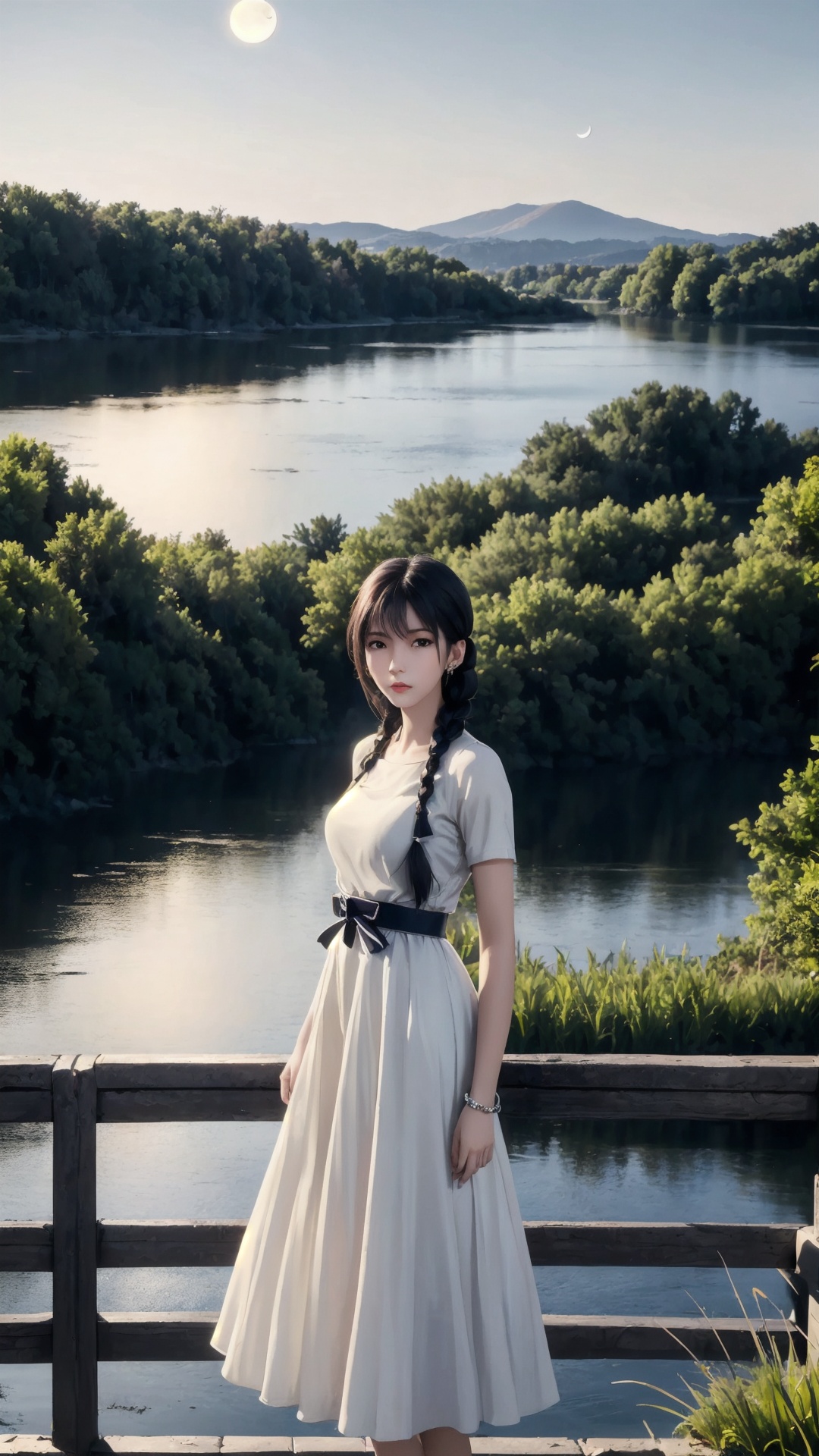 The image shows a young woman standing on a bridge overlooking a lake at night. She is wearing a white dress with a blue belt and silver bracelets on her wrists. Her hair is styled in a half-up, half-down braid and she has a serious expression on her face. The sky is dark and the moon is partially visible in the background, casting a soft glow over the scene. The lake is calm and there are trees and bushes on either side of the bridge. The overall mood of the image is peaceful and serene..,<lora:1.5端木蓉(6):0.8>,