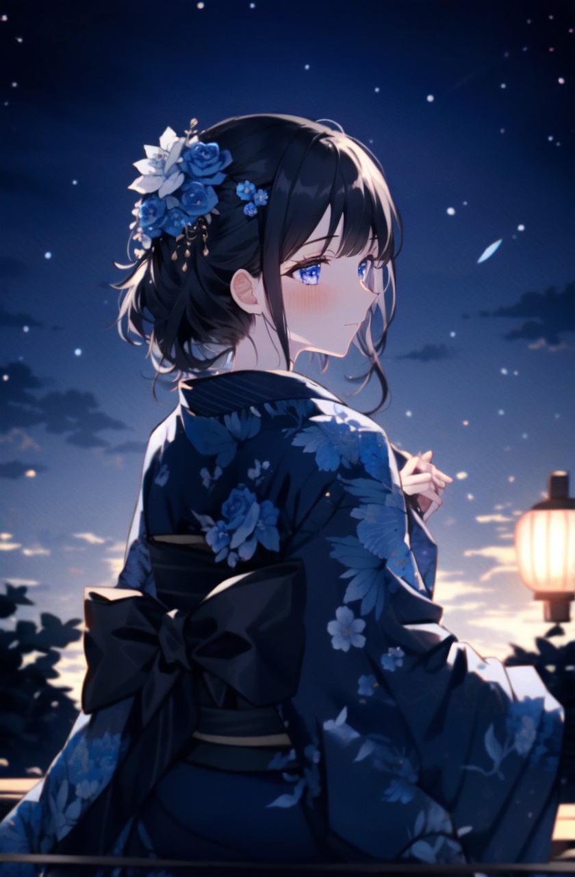 masterpiece,best quality,high quality,highres,1girl, fireworks, hair ornament, night, solo, hair flower, looking back, sitting, floral print, black hair, yukata, sky, sash, outdoors, blush, paper lantern, night sky, blue flower, obi, from behind, bangs, blue eyes, print kimono, purple eyes
