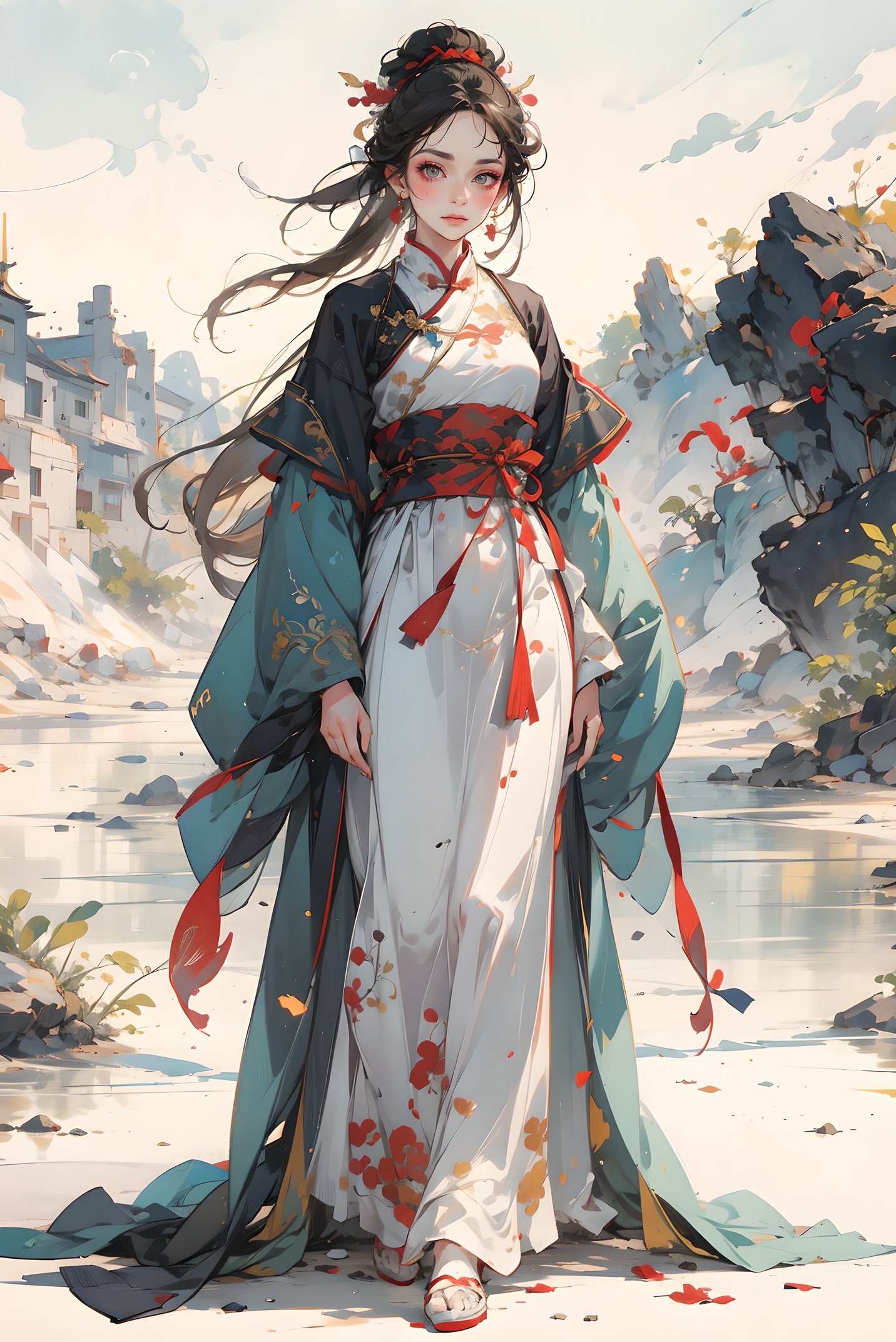 one girl,masterpiece,best quality,pigment,Facial detail,Landscape background,on one's stocking feet,Tall and tall:1.35,Exquisite makeup,full body,(colorful:0.85),ancient China,<lora:hanfu:0.35>,<lora:linhe gufeng_20231016142654:0.65>,