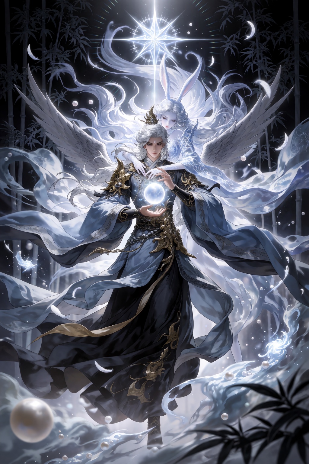 A detailed high fantasy wuxia illustration,  viewed from a straight-on full angle in ethereal,  glowing lighting with a co...