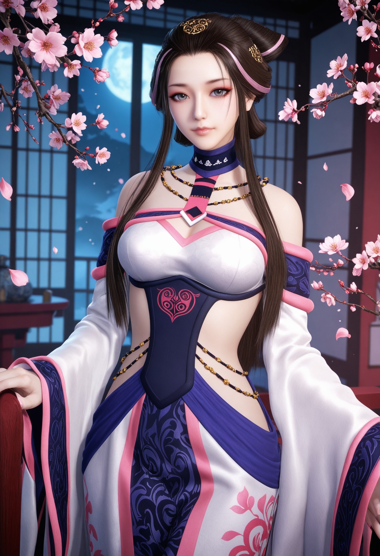 (cowboy shot:1.1),(looking at viewer:1.1),masterpiece,(best quality),smog,Dark room,dim lighting,peach blossom,falling petals,<lora:YQ_Illustrious光辉v5_湘夫人_V1:0.8>,q1528437228,1girl,solo,long hair,black hair,jewelry,bare shoulders,necklace,hair ornament,brown hair,dress,sidelocks,wide sleeves,long sleeves,choker,hair bun,brown eyes,detached sleeves,grey eyes,blue eyes,