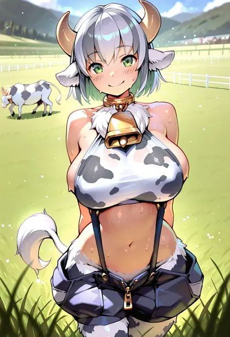 masterpiece, absurdres, best quality, ultra-detailed, newest, best quality, amazing quality, very aesthetic, depth of field,1girl, 20yo, large breasts,holstaurmge, animal ears, zipper, green eyes, streaked hair, neck fur, cow girl, animal legs, dark grey hair, monster girl, neck bell, cow print, cow print top, multicolored hair, cow ears, short hair, large breasts, cow tail, cowbell, navel, collar, two-tone hair, hooves, bare shoulders, white hair, unzipped, suspenders, cow horns, taut shirt, midriff, baggy shorts, blush, sweat,  happy, smile,looking at viewer,   detailed background,  grass, meadow,<lora:StS-Illustrious-Detail-Slider-v1.0:3>  <lora:illustrious_quality_modifiers_masterpieces_v1:0.5><lora:Dramatic Lighting Slider:3> <lora:holstaurmge-000007:0.8>