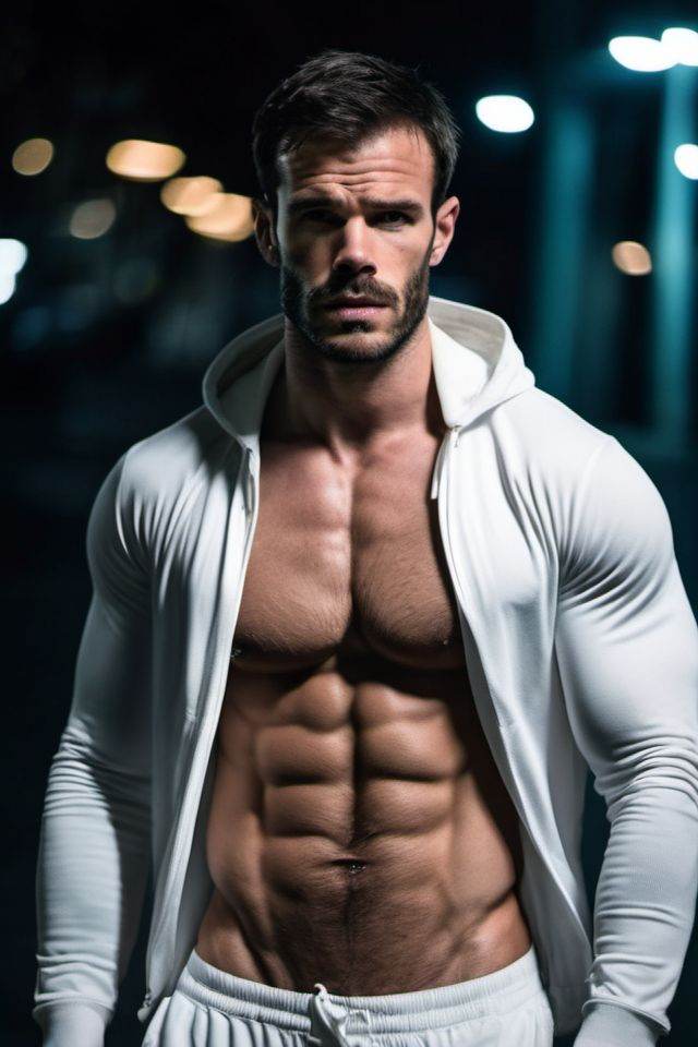 Charlie Weber a man ,  realistic photo in a worn ((skin-revealing skimpy erotic white tracksuit,  massive hairy pecs)) on...