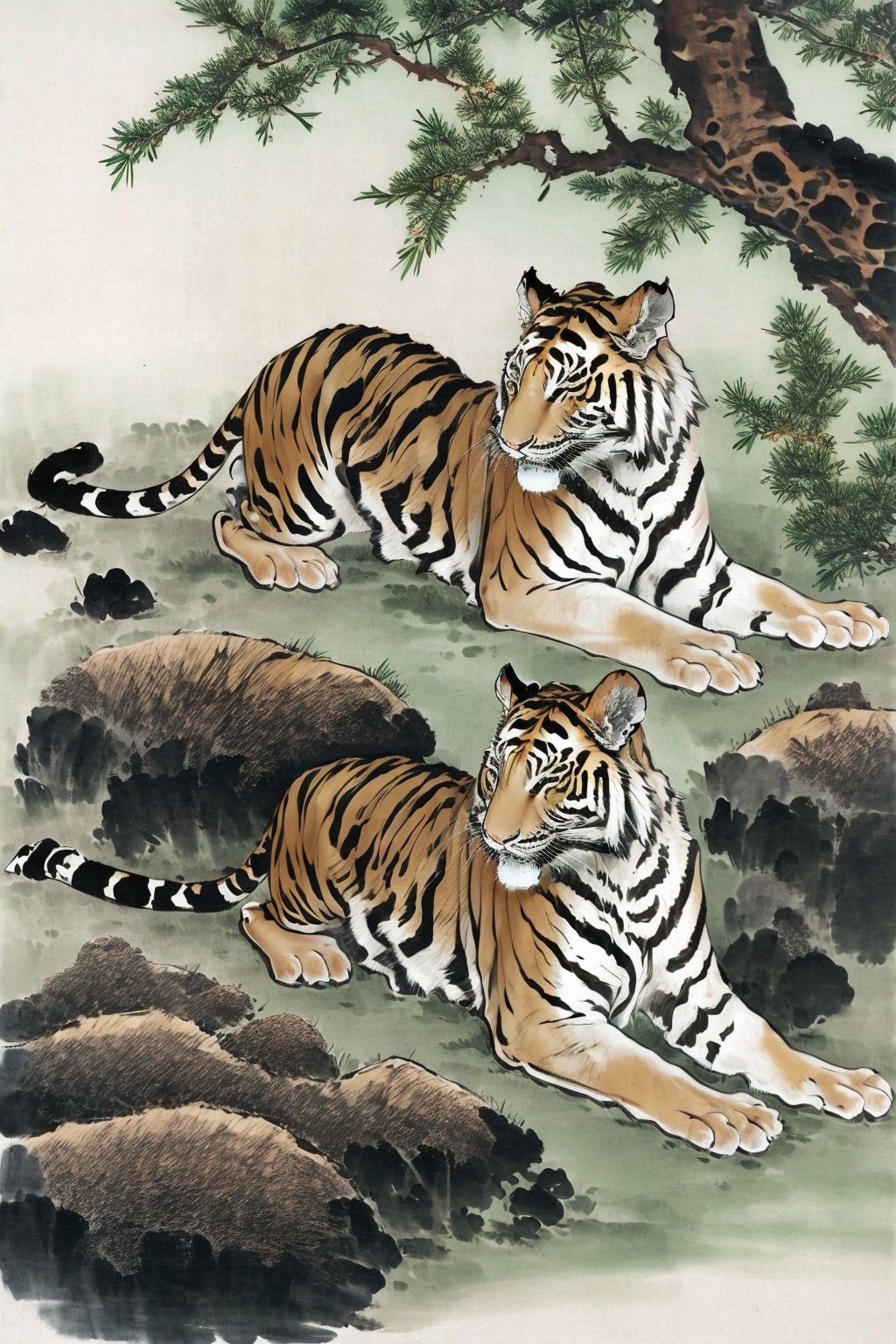 <lora:AgainChineseInkPainting:1>,AgainChineseInkPainting, tiger, no humans, animal focus, year of the tiger, branch, animal, traditional media, tree, looking at viewer, chinese ink painting, lying, border, chinese zodiac, rock, on side, white background, white tiger, full body, sleeping, painting \(medium\)