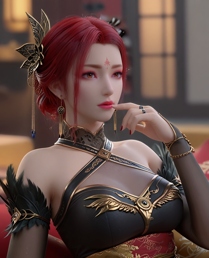 (oriental architecture, elegant decor, sophisticated style:1.1),(lying face down, head toward the camera:1.1),(breasts:1.2),<lora:XL斗破苍穹雅妃:0.8>,miss yafei,black halter dress,bare shoulders,red eyes,red lips,red eyeshadow,feathers trim,forehead mark,red hair,single hair bun,hair ornament,earrings,mesh of cleavage,sash,large breasts,makeup,black bridal gauntlets,floral print,black pantyhose,, score_9,score_8_up,score_7_up,score_6_up,score_5_up,score_4_up,3d rendering,tag1,tag2, Cinematic Lighting,backlighting,