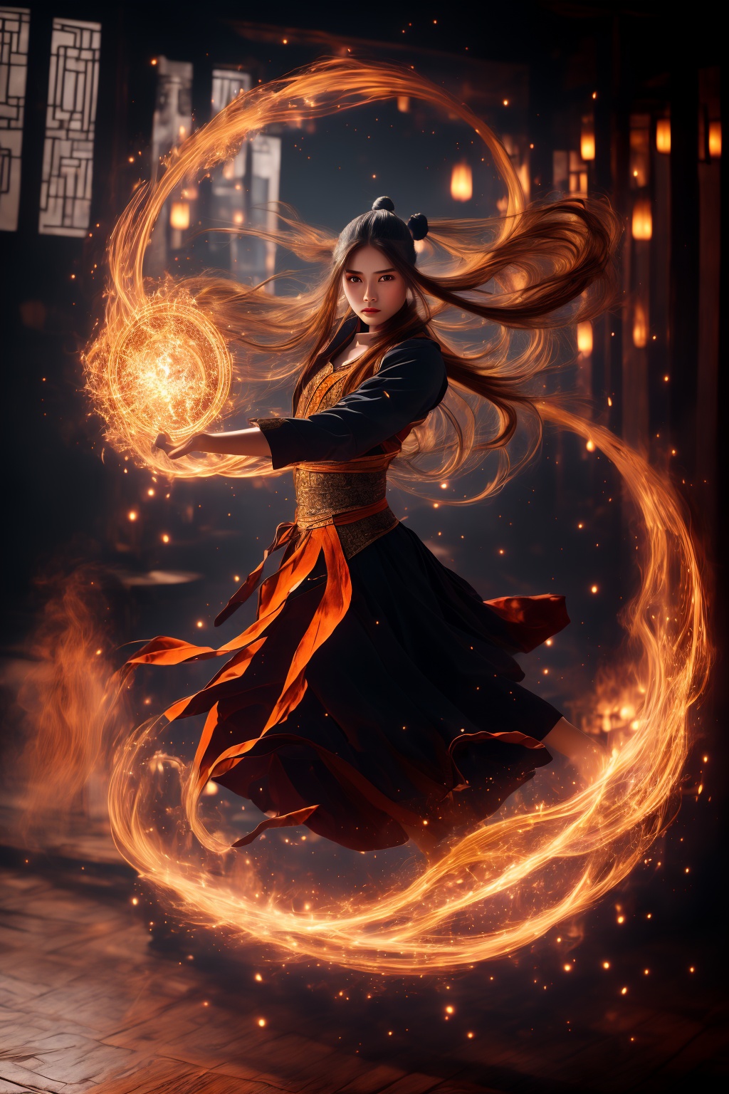 orang-aura,using orang-magic,orang-magic,ancient-costume,dancing,solo,1girl,fire,long hair,ponytail,<lora:magic_fighting_512_15:0.8>,