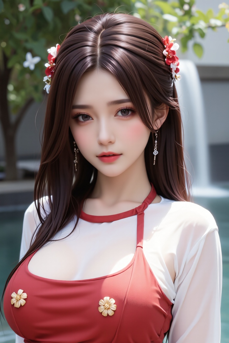 A medium-sized Asian woman, dressed in traditional Hanfu, stands in front of the backdrop of a waterfall. She is wearing earrings and red flowers. Her hair is very long, with brown hair hanging over her shoulders, outlining her face. Her dress is red and white, decorated with golden flowers, adding a touch of color to her clothes. The background is a lush green tree, butterflies, and wildflowers, adding depth to the scene.,<lora:models/4718/608a3f01-10.safetensors:0.8:0.8>
