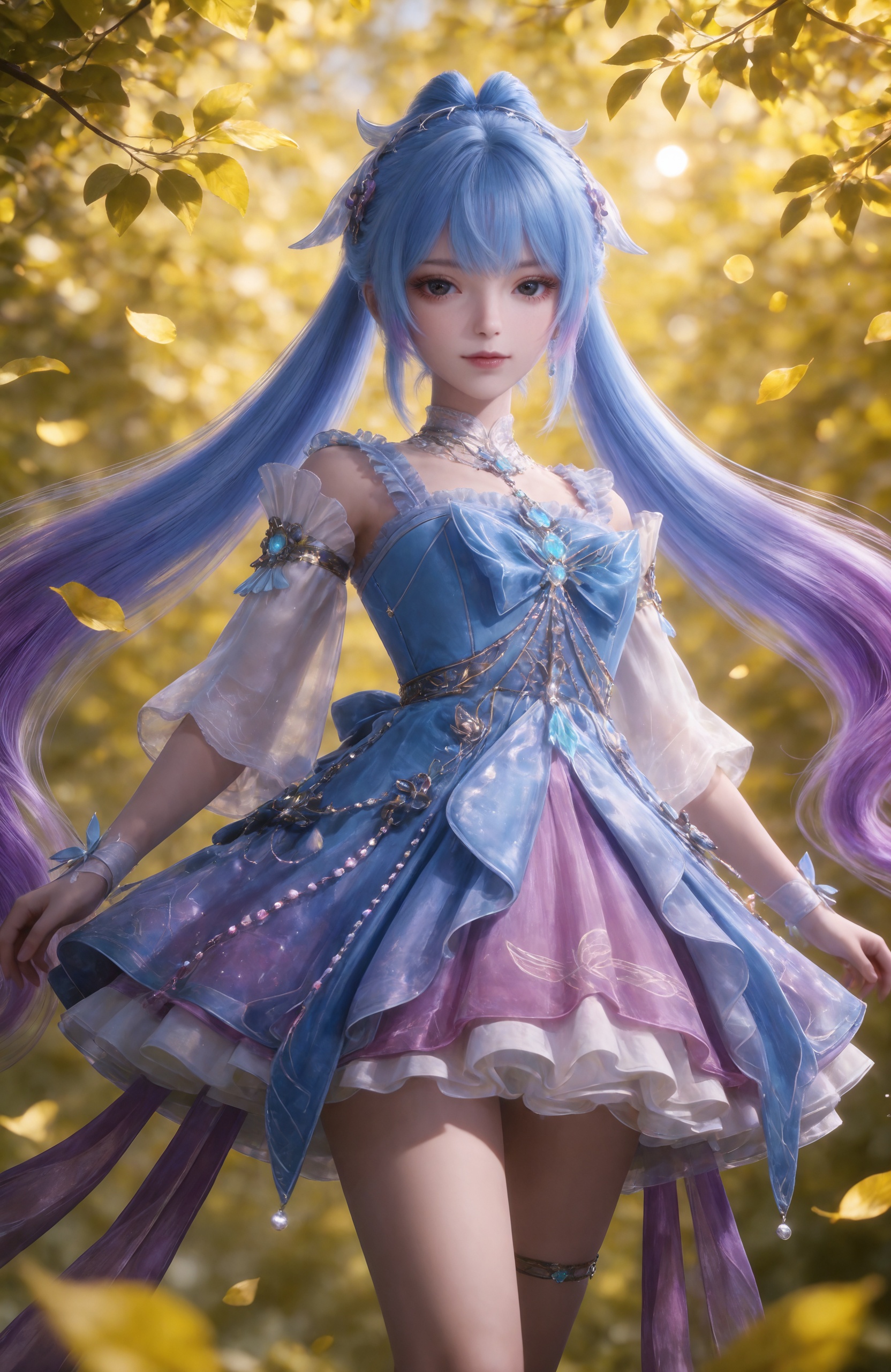 <lora:斗罗大陆2-唐舞桐少IL:0.8> 1girl,  twintails, long hair, blue hair, black eyes,hair ornament,multicolored hair, gradient hair, blue dress, detached sleeves, high heels, realistic style photo,outstanding style,Use soft lighting to cast gentle shadows on the subject,adding a touch of dimension to your images without compromising details,whirls of vapor,(Anime:1.1),soft neon light,ethereal ambiance,delicate details,magical atmosphere,concept art,highly detailed,ultra-high resolution,32K UHD,sharp focus,best-quality,masterpiece,golden hour,unconventional supreme masterpiece,masterful details,temperate atmosphere,with a high-end texture,in the style of fashion photography,magazine style,Dynamic Angle,Dynamic posture,magazine style,Dynamic Angle,Dynamic posture,(cowboy_shot:1.2),eye trail,depth of field,cinematic lighting,lens flare,close-up,extreme aesthetic,(wlop:0.6),(honjou raita,lack,rella,wanke:0.5),masterpiece,best quality,good quality,newest,year 2025,very aesthetic,absurdres,Visual impact,A shot with tension,ultra-high resolution,32K UHD,sharp focus,best-quality,masterpiece,Emotionalization,unconventional supreme masterpiece,masterful details,temperate atmosphere,with a high-end texture,in the style of fashion photography,(Visual impact:1.2),giving the poster a dynamic and visually striking appearance,, 1girl, solo,  closed mouth, jewelry, upper body,  leaf,  curtains,  realistic