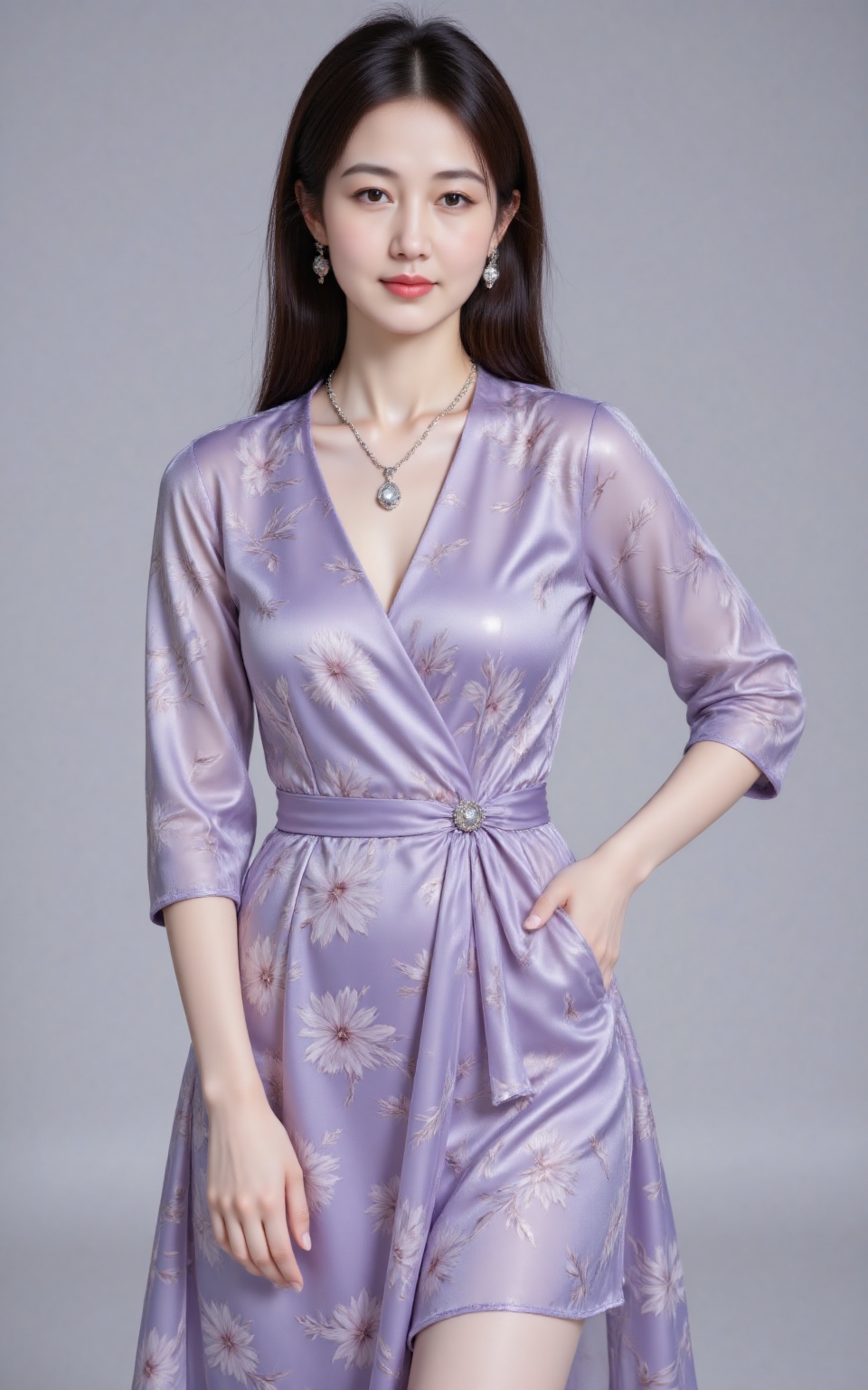 RUNYAN, RUNYAN She wore a lavender satin floral dress with a silver necklace and dangling earrings. 