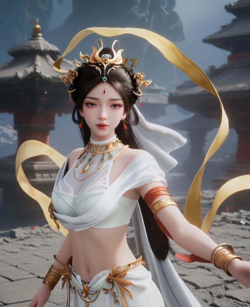 (oriental architecture, elegant decor, sophisticated style:1.1),((dynamic pose:1,2):1.1),(breasts:1.2),<lora:XL16遮天瑶池圣女:0.95>,miss yaochi,sarashi,cleavage mesh,choker,white wrap skirt,silk shawl,grey eyes,black hair,long hair,hair ornament,jewelry,earrings,forehead pendan,armlet,bracelet,white headscarf,, score_9,score_8_up,score_7_up,score_6_up,score_5_up,score_4_up,3d rendering,tag1,tag2, Cinematic Lighting,backlighting,