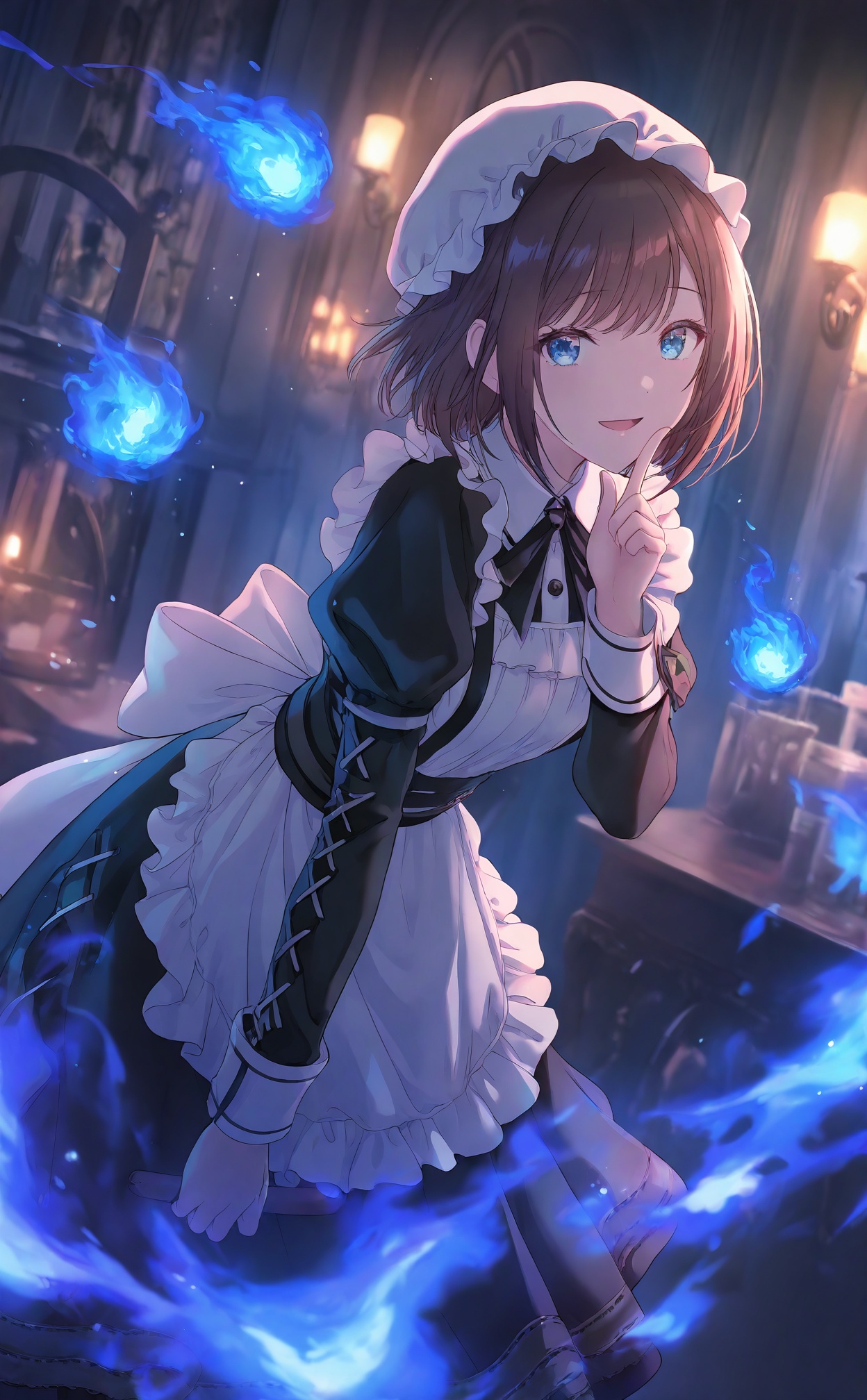 masterpiece,highres,absurdres,newest,best quality,high quality,chromatic_aberration,//,1girl,ghost,hat,apron,dress,mob_cap,solo,finger_to_mouth,brown_hair,long_sleeves,looking_at_viewer,puffy_sleeves,bow,holding,short_hair,smile,juliet_sleeves,blue_eyes,frills,indoors,maid,ribbon,shushing,white_apron,cross-laced_clothes,open_mouth,black_dress,maid_apron,blue_fire,//,artist:luvluvvox,artist:fukai ryosuke,[artist:Torino aqua],artist:minato hitori,hiten_(hitenkei),artist:rurudo,artist:lazuri7,artist:yunikon,//,absurdres,newest,very aesthetic,amazing quality,highres,sensitive,ultra detailed,best anatomy,HDR,8K,high detail RAW color art,high contrast,illustration,depth of field,(colorful),phenomenal aesthetic,detailed light,blurred picture,Tyndall effect,contrast,lens flare,cinematic lighting,//,<lora:PJSKcg925——【NOOB】hans:0.8>,