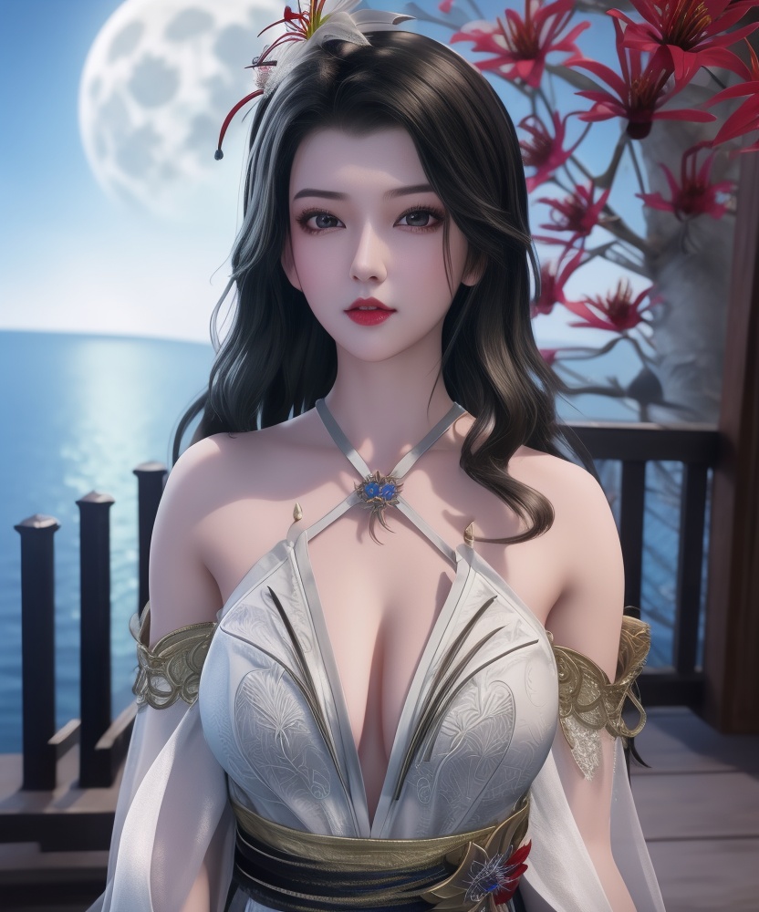 <lora:542-DA-万界至尊-青雉:0.8>(,1girl, ,best quality, ),looking at viewer,  ,,ultra detailed background,ultra detailed background,ultra realistic 8k cg, ,masterpiece, spider lily,full moon, (cleavage), (),