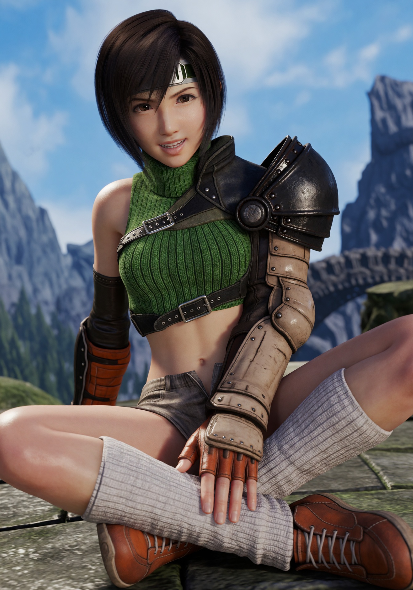 a still image of yuffie7,  she is a young woman with short dark hair,  She is wearing a green crop top on Tensor.Art