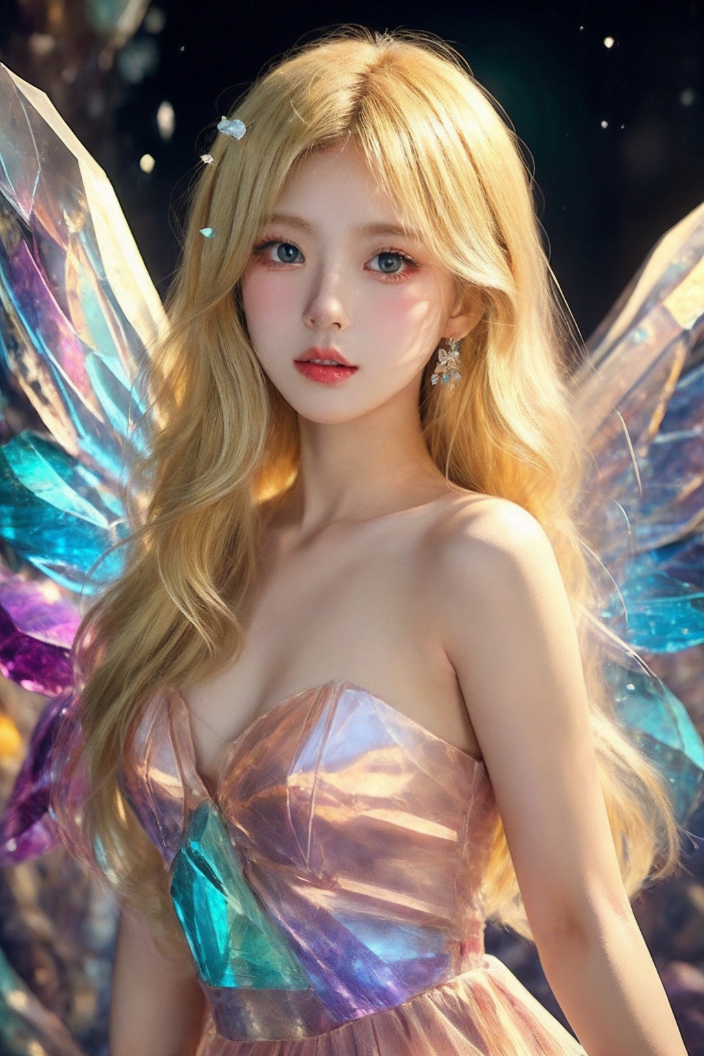 An illustration of a beautiful girl in a manga style,inspired by the works of Hayao Miyazaki. The girl has flowing blonde hair and captivating eyes,radiating a sense of innocence and charm. The art style is vibrant and colorful,with a mix of pastel tones and vibrant hues. The lighting is soft and natural,highlighting her delicate features. The atmosphere is whimsical and enchanting,transporting the viewer to a dreamlike world.,crystal_dress,crystal,wings,colorful,crystal,<lora:crystal_20231127214245-000018:0.8>,