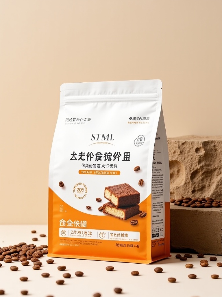 STML,a product packaging featuring Chinese characters and English text. The package, primarily white and orange, displays roasted coffee beans and a slice of coffee cake. Surrounding the package are scattered roasted coffee beans and a rustic, textured brown block. The background is a light beige surface, creating a minimalist, clean look.<lora:S-T-猫粮海报_S1.5:1>