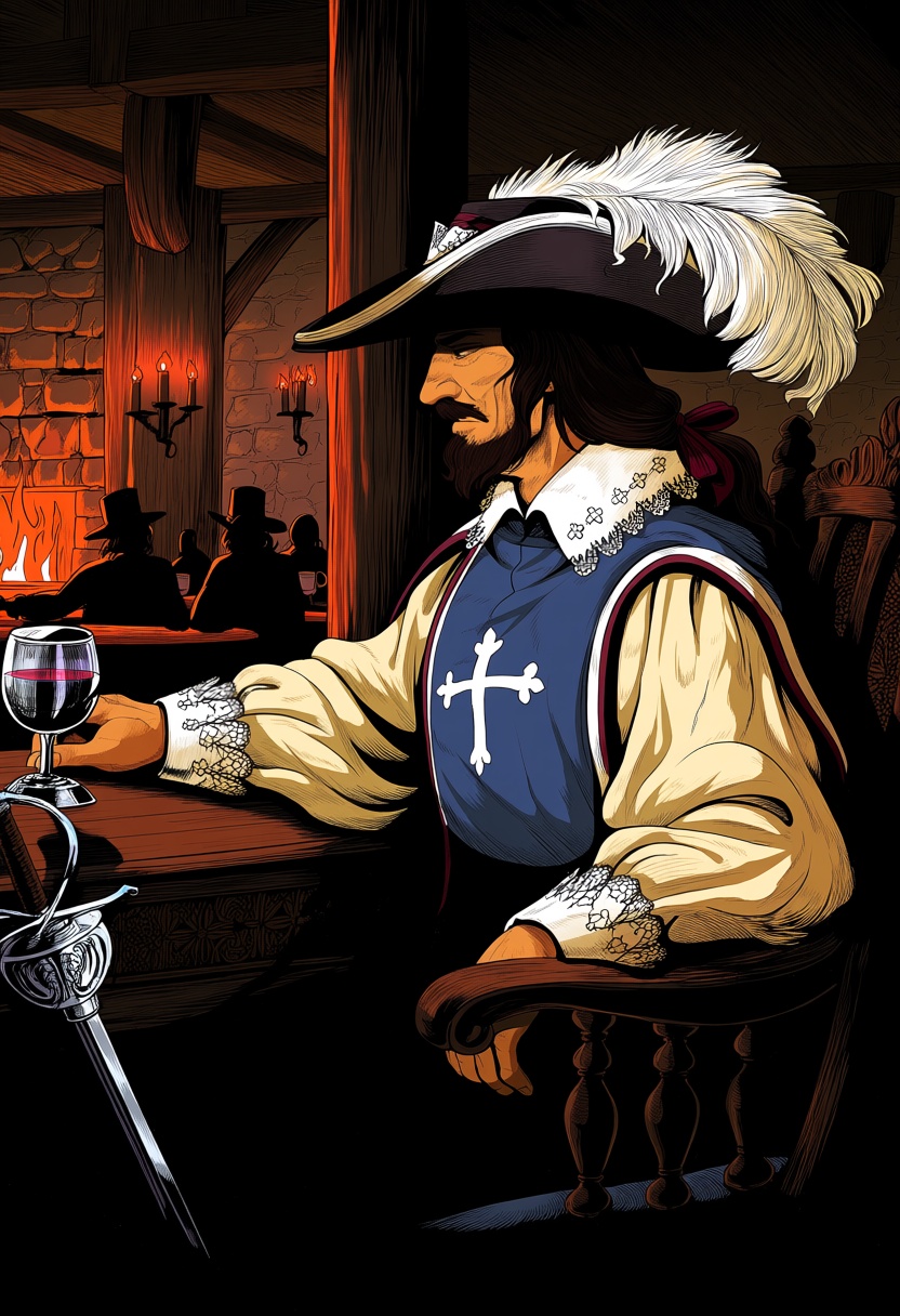 @stormriderqv. A musketeer sits upon an ornate wooden chair in the shadowed corner of a 17th-century tavern,  captured in...