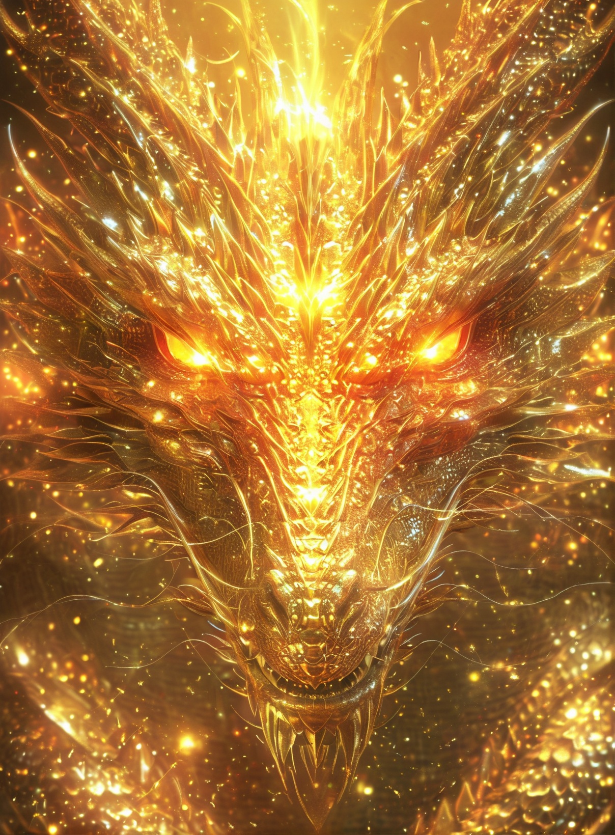 a majestic and intricately detailed dragon, seemingly made of gold or a similar shimmering material. The dragon's face is prominently displayed, with its eyes glowing a bright, fiery orange. The scales of the dragon are meticulously crafted, reflecting light and giving it a shimmering appearance. The background is filled with golden particles, possibly representing sparks or embers, adding to the ethereal and magical ambiance of the scene<lora:KING Gardon-000010:1>