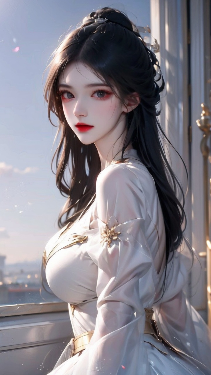 1girl,solo,black hair,realistic,skirt,looking at viewer,white skirt,black eyes,breasts,