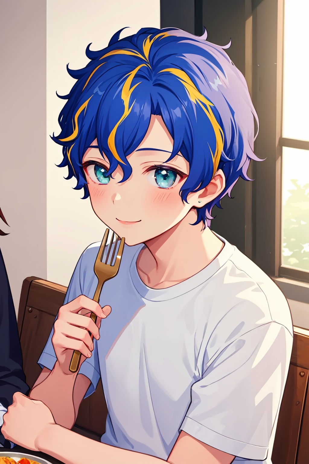 masterpiece,best quality, highly detailed, astel leda,virtual youtuber, male focus, smile, holding, 1boy, upper body, blush, closed mouth, solo focus, fork, blue shirt, white shirt, t-shirt, 2boys, indoors,<lora:astel_leda:1>