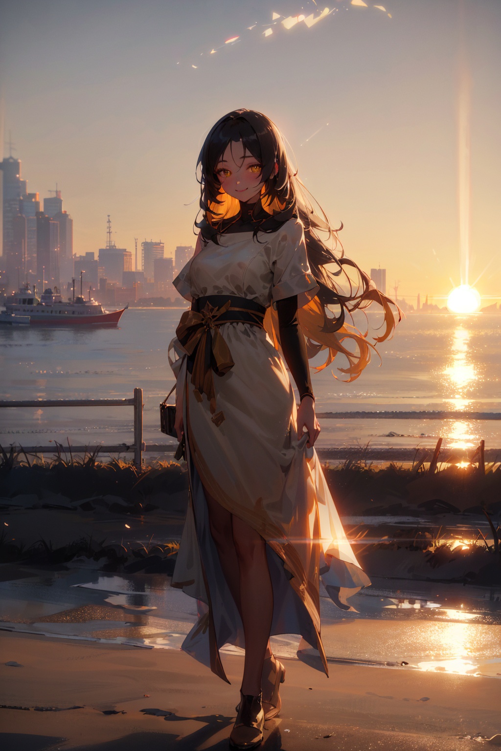 masterpiece,best quality,(ray tracing,cinematic lighting),sunlight, 1girl, ,BLACK LONG HAIR, YELLOW EYES, look at viewer, full body, warm smile, seaside, Golden hour makes everything warm and romantic a beautiful woman, golden hour, rim lighting, warm tones, sun flare, soft shadows, hazy glow