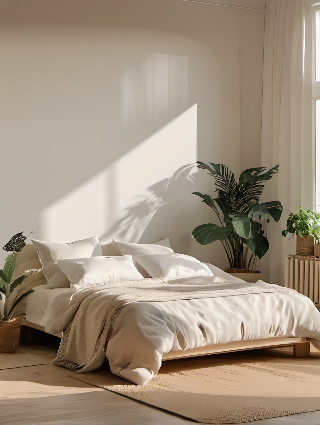 no humans,pillow,bed,plant,window,indoors,sunlight,wooden floor,curtains,shadow,lamp,bedroom,day,potted plant,