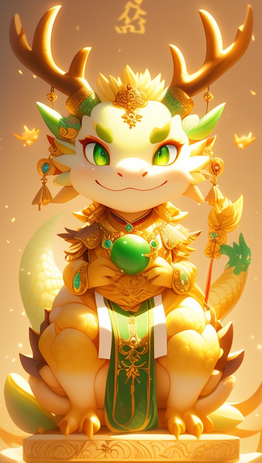 antlers,caifu,closed mouth,colored sclera,dragon,full body,gold,green eyes,hair ornament,holding,horns,jewelry,looking at viewer,male focus,no humans,sitting,smile,solo,standing,tail,thick eyebrows,<lora:2.14caifulongsd1.5:0.8>,