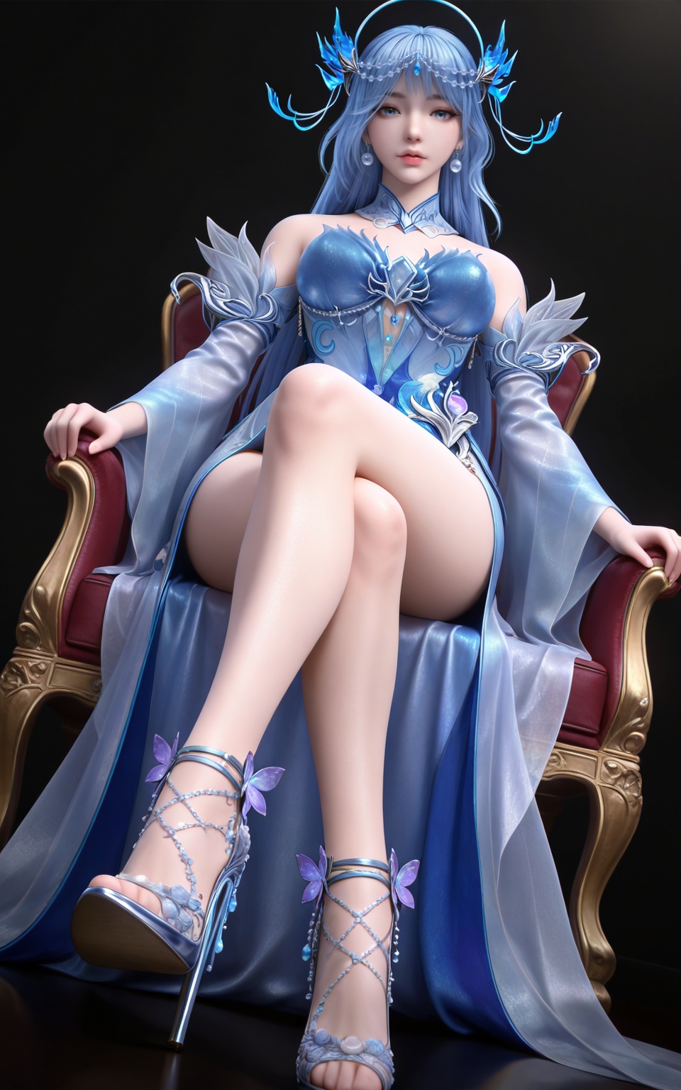 masterpiece,high quality,tall,game cg,highres,(soft light:1.2),(white_skin:0.6),(shiny_skin:0.6),(realistic:1.1),lvjing,black_background,simple background,dynamic_angle,dutch angle,looking_at_viewer,<lora:蓝仙·ILL:0.8>,blue hair,long hair,large breasts,blue eyes,lanxian blue dress,bare shoulders,detached_sleeves,hair_ornament,earrings,detached collar,jewelry,high_heels,1girl,solo,sitting,crossed_legs,(from_below:1.1),