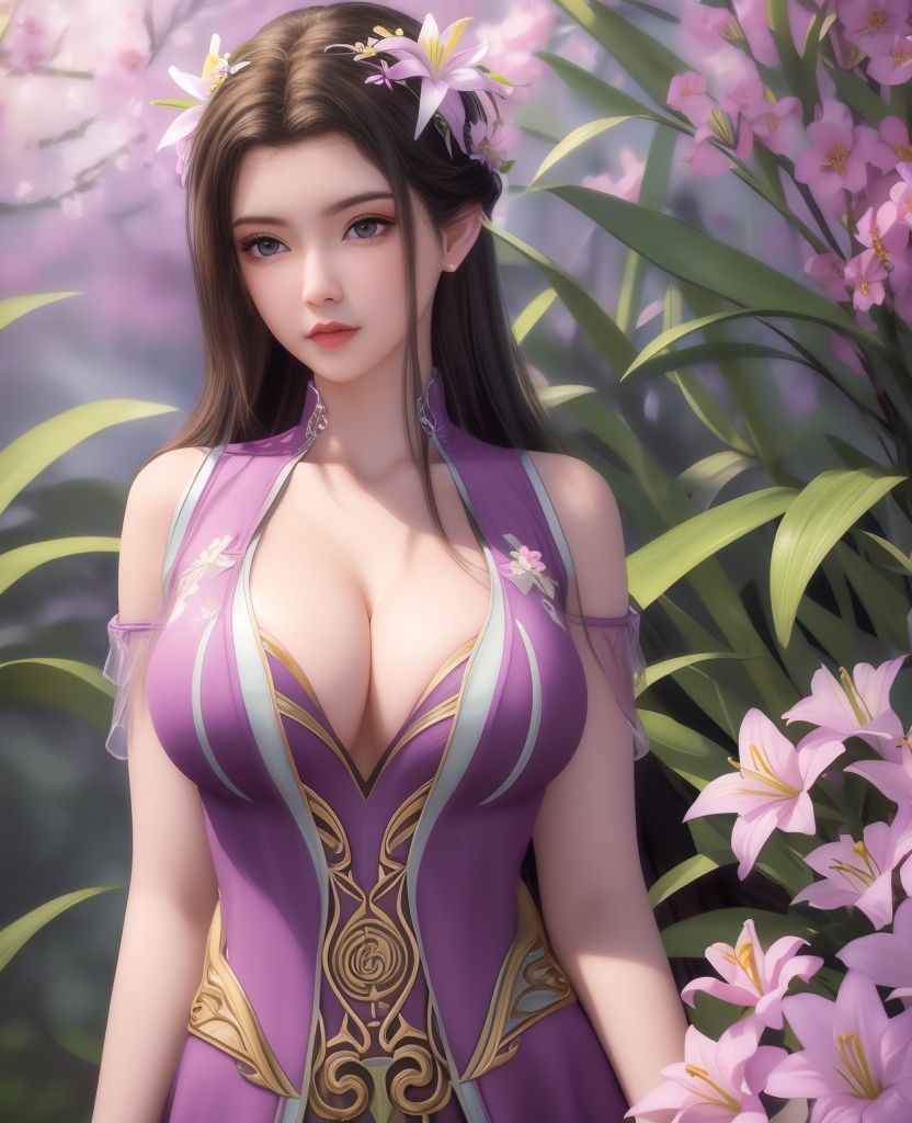<lora:548-DA-师兄啊师克-碧霄:0.8>(,1girl, ,best quality, ),looking at viewer,  ,ultra detailed 8k cg,ultra detailed background,ultra realistic 8k cg,1girl, solo,(bare shoulders:0.85),(masterpiece, best quality),((oil painting style)),sexy young lady,(beautiful face and eyes),(upper body:1.5),(whole body:1.05),(single person:1.2),surrounded by flowers, (lily), roses, floret, vegetation, white, purple, purplish pink,Impressionism,colorful,(Breast size:1.3),(cleavage),