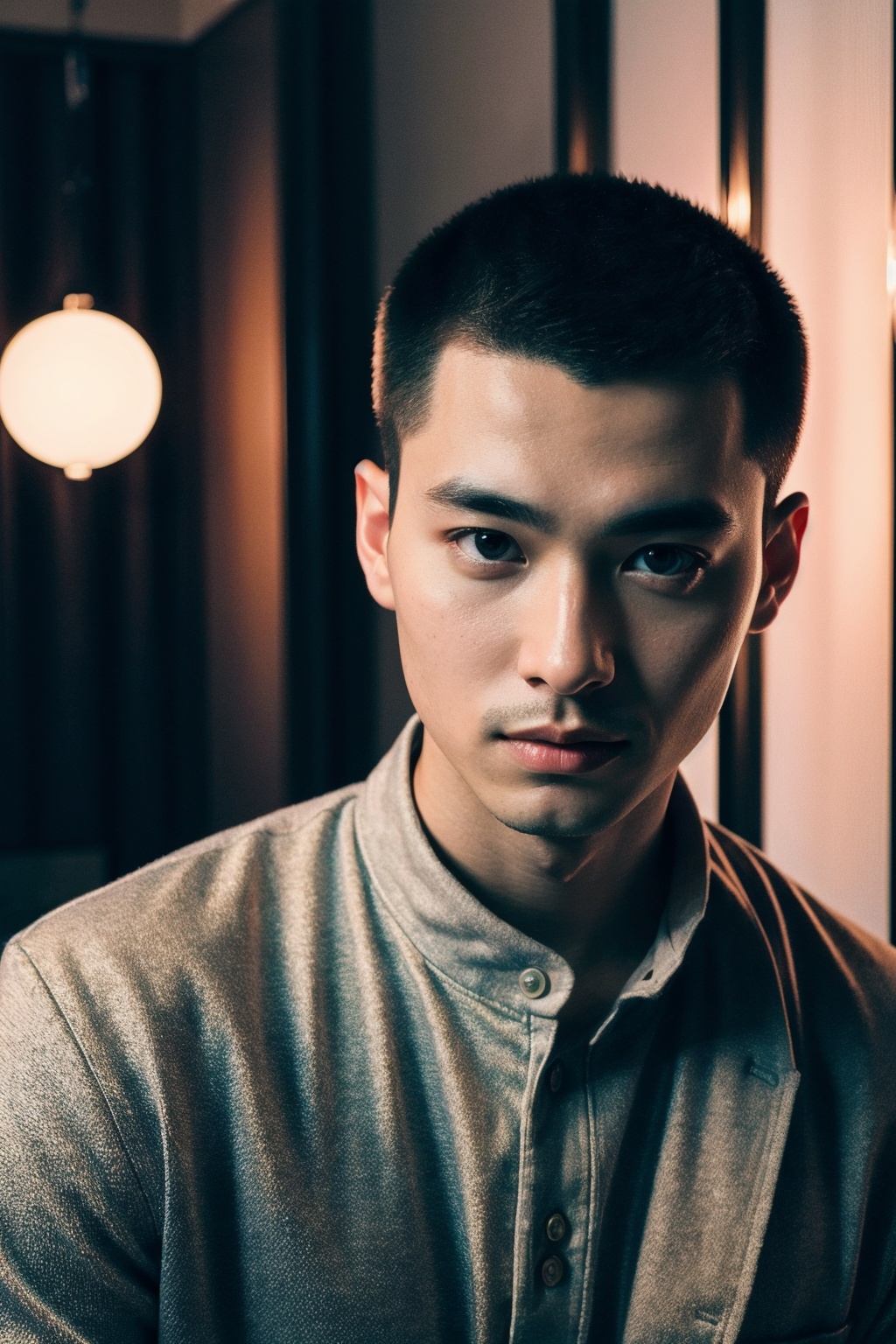 1man,asians,30 years old,art by Brandon Woelfel,buzz cut,male focus,indoors,very detailed,85mm lens,4k,Canon 5D,ZEISS lens,sharp focus,facial hair,, masterpiece,best quality,