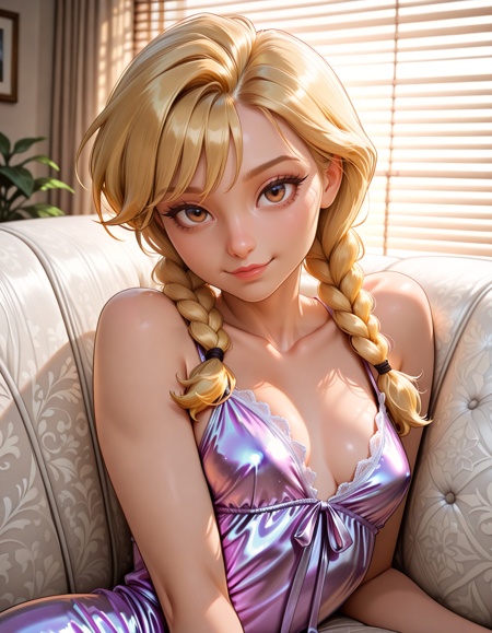 cartoon, perfect quality, high quality, masterpiece, absolutely eye-catching, absurdres, newest, detailed eyes, realistic eyes, (beautiful and aesthetic), very awa, newest, cinematic, a girl named Rachael, twinbraids hair, blonde hair, small breasts, hazel eyes, light makeup, slender body, satin nightgown, lace trim, reclined, on couch, white couch, fluffy couch, window blinds, sexy, dynamic angle, dynamic pose, sexy, look at viewer, :), closeup, side view, upper body, breast focus