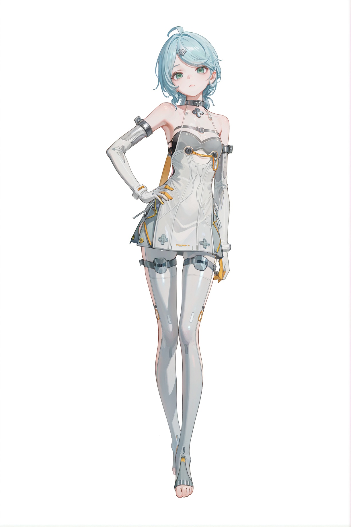 8k,best quality,masterpiece,(ultra-detailed),(high detailed skin),(artist:reoen:0.826446),(artist:machi:0.9),(artist:ningen_mame:0.9),(artist:sho_(sho_lwlw):0.9),(artist:rhasta:0.9),(artist:wlop:0.7),(artist:ke-ta:0.6),(fkey:0.5),(tianliang duohe fangdongye:0.5),(hiten \(hitenkei\):0.6),best quality,amazing quality,(artist:onineko:0.826446),very aesthetic,bokeh,(solo:1.2),simple background,(white background:1.2),hand on own hip,(white background:1.1),full body,full shot,standing,looking at viewer,(solo:1.2),simple background,(white background:1.2),hand on own hip,(white background:1.1),<lora:seedjql-ill-Tanger:0.8>,seed \(Zenless Zone Zero\),clothes: seedef grey dress,1girl,blue hair,seedef grey thighhighs,seedef elbow gloves,seedef hair ornament,ahoge,toeless legwear,green eyes,