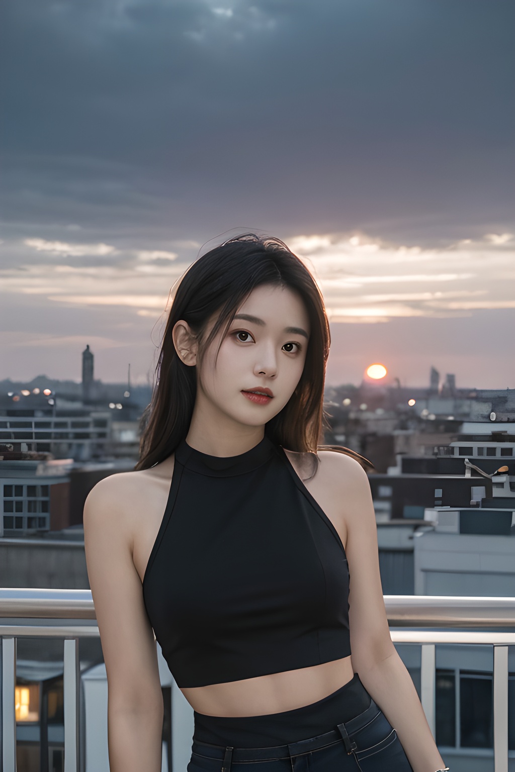 <lora:0805_08:0.7>, <lora:SDXLrender_v2.0:0.8>,Frontal photography,Look front,evening,dark clouds,the setting sun,On the city rooftop,A 20 year old female,Black top,Black Leggings,black hair,long hair, dark theme, muted tones, pastel colors, high contrast, (natural skin texture, A dim light, high clarity) ((sky background))((Facial highlights)),, 1girl,realistic,masterpiece, best quality, photorealistic, HDR,detail