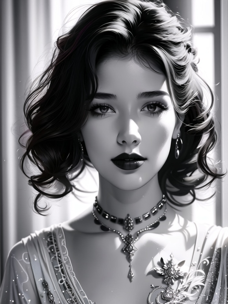 1girl,greyscale,monochrome,solo,jewelry,necklace,realistic,looking at viewer,earrings,curly hair,lips,dark-skinned female,short hair,close-up,exquisite makeup,upper body,, masterpiece,best quality,8k,insane details,intricate details,high detail,((masterpiece)), ((best quality)),