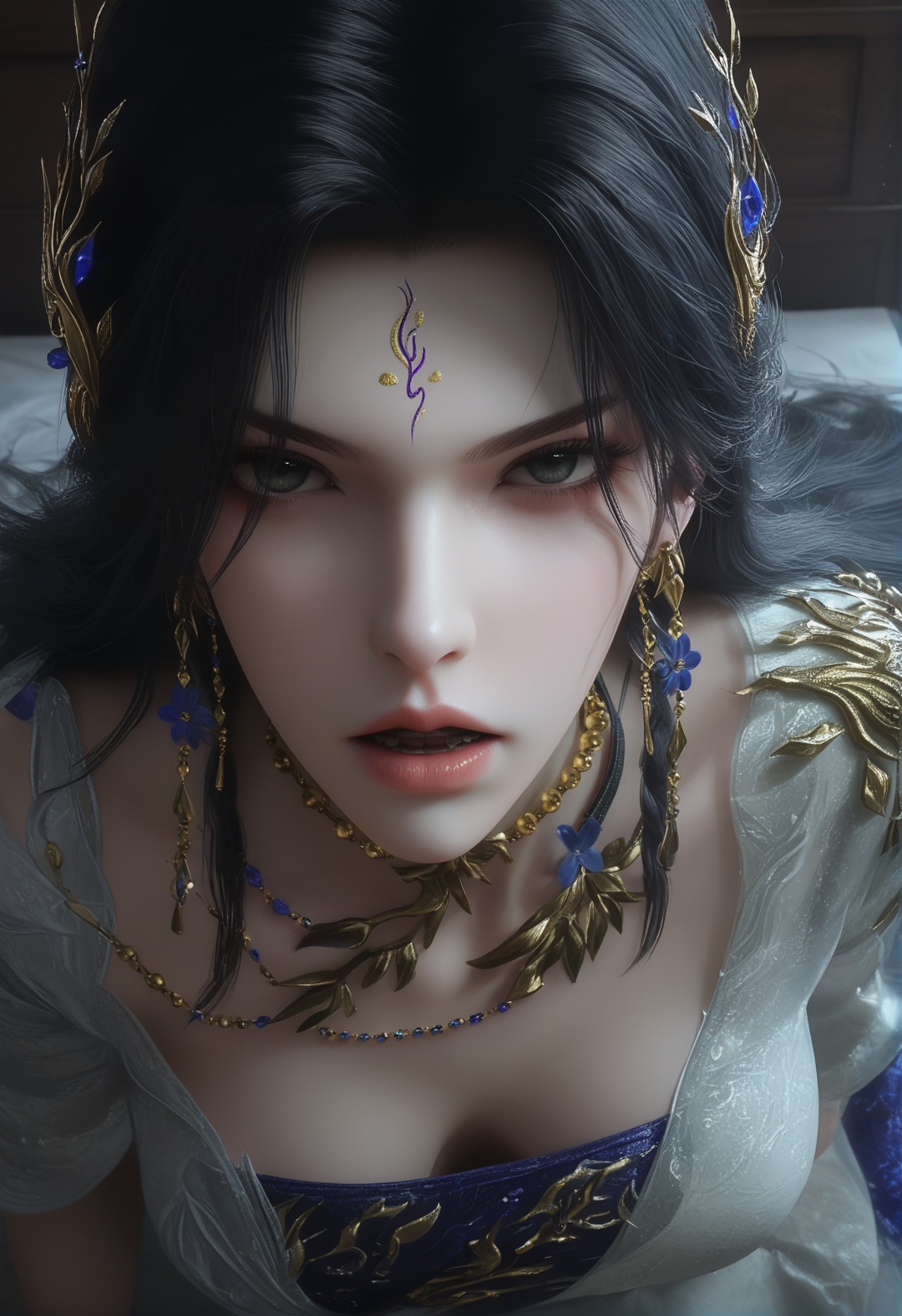 supermodel,score_8_up,score_7_up,hyperdetailed,hyperrealistic,volumetric lighting,focus on face,textured skin,eye lighting,SkinHairDetail,zPDXL,intricate and refined delicate details,unreal engine,very attractive,ultra high res,Expressiveh,realistic skin,score_9,score_8_up,score_9,score_8_up,1 girls,high cold face,yujie,perfect round large,breasts,jewelry,beautiful eyes,detailed eyes,breast,<lora:/曦和岚月门复仇:0.8>,black hair,dress,earrings,facial mark,forehead mark,hair ornament,jewelry,lips,long hair,necklace,nose,teeth,xihe,sitting_on_bed,spread legs,open mouth,moist lips,saliva,orgasm,moaning,