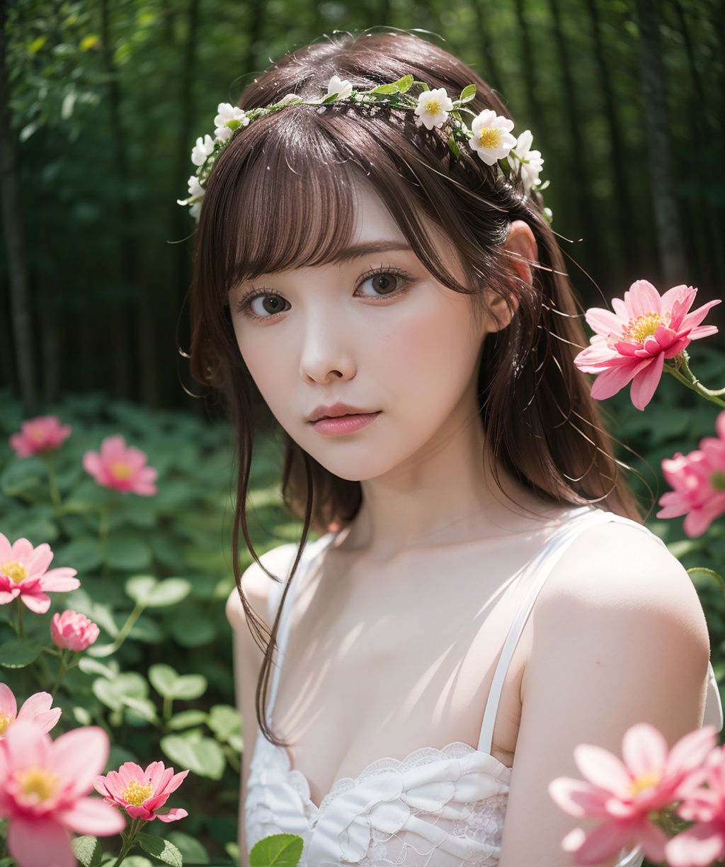 <lora:Arata-000010:0.85>,portrait,(looking at viewer),1girl,solo,wavy long hair,(closed mouth:1.5),(white and pink flowers circlet),white_lace_dress,nature,forest,glowing,lush greenery and red flowers in the background,dreamy and serene atmosphere,soft lighting,outdoor setting,tranquility,natural beauty,