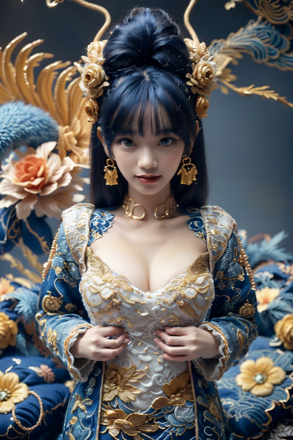 a blue and gold image of a Chinese Loong,  realistic fine details,  Chinese embroidery on Tensor.Art