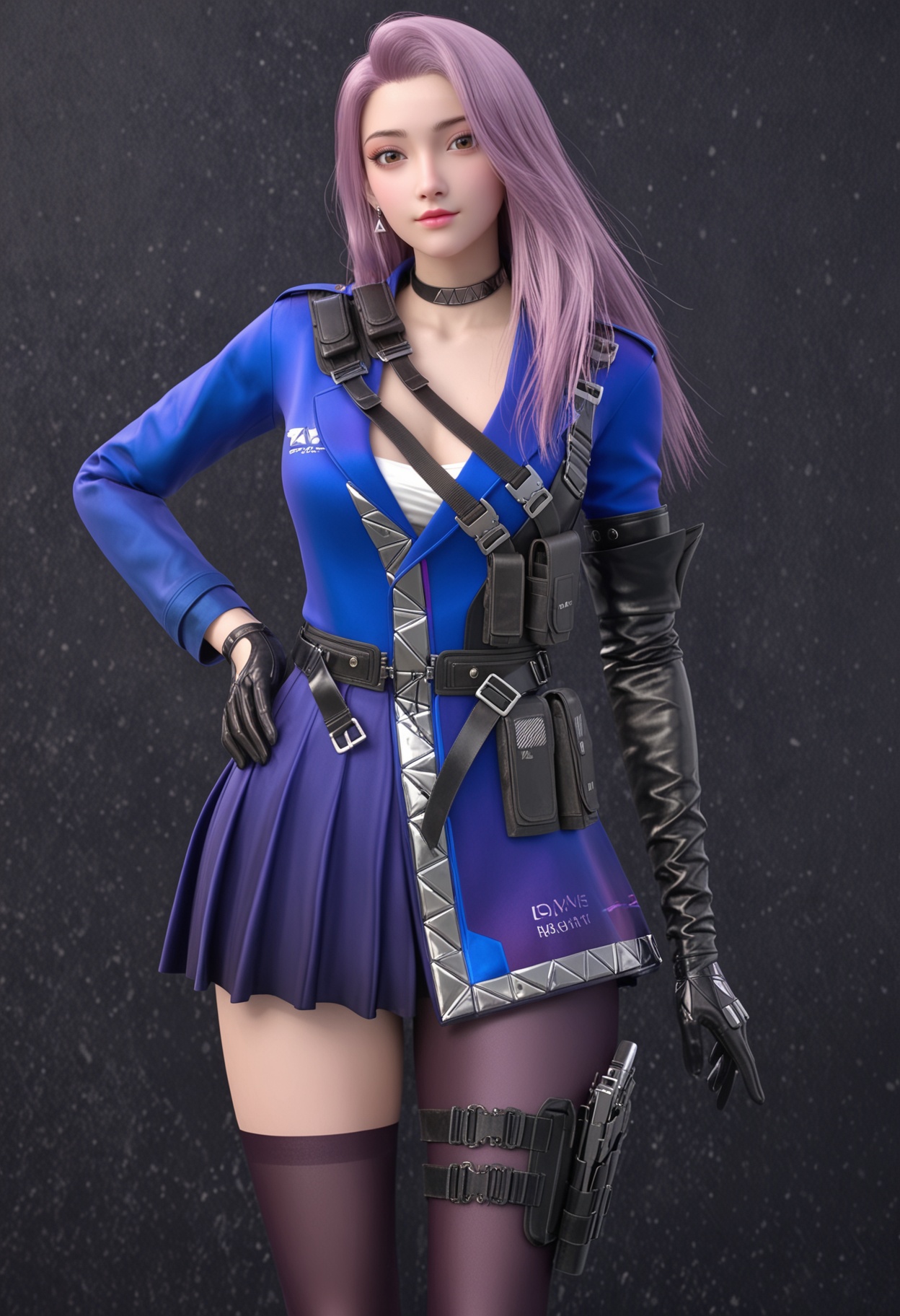 (looking_at_viewer:1.2),(upper_body:1.1),<lora:YQ_pony_yunyouyou_V4:0.8>,solo,long hair,gloves,pink hair,choker,belt,black gloves,jewelry,earrings,brown eyes,thighhighs,jacket,skirt,holster,blue jacket,purple hair,single thighhigh,asymmetrical legwear,black choker,pantyhose,cleavage,black thighhighs,dress,high heels,strap,(thigh strap:0.9),(thigh holster:0.9),pouch,uneven legwear,elbow gloves,simple background,pure black background,black background,perfect_anatomy,