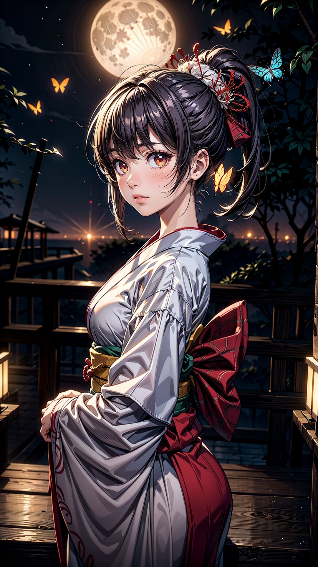 masterpiece, best quality, ((depth of field, cinematic lighting), atmospheric) , extremely detailed scenery, 1girl, long ponytail, kimono, glowing eyes, ghostdom, night, (spider lily), butterfly, full moon, looking at viewer, <lora:ghostdom_20230621222536:0.8> <lora:epiNoiseoffset_v2:0.5> <lora:add_detail:1.2>