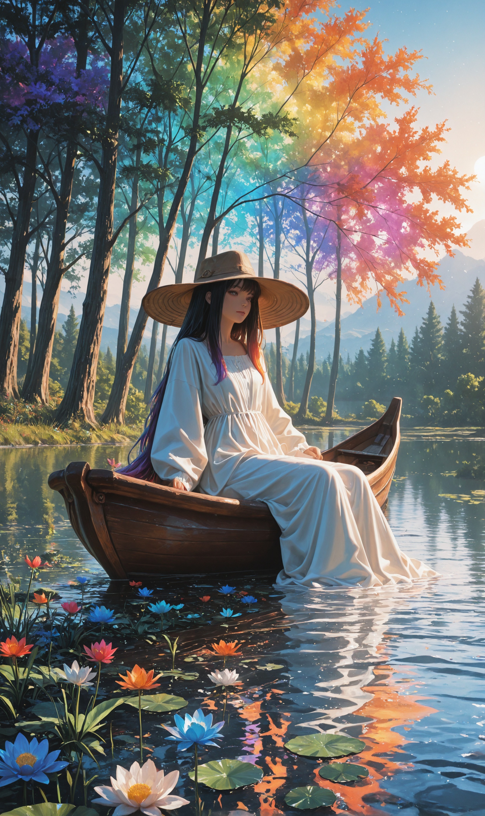 addmicrodetails,  Create a photorealistic image of a brown canoe on a waterlily lake,  a woman from behind wearing astraw...