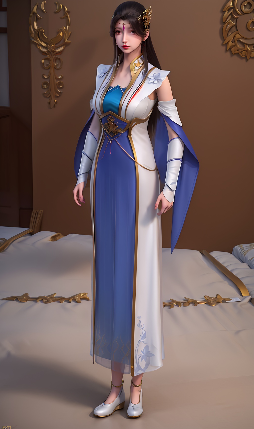 3D,masterpiece,(best quality),(makeup),official art, extremely detailed cg 8k wallpaper,((crystalstexture skin)), (extremely delicate and beautiful),(highly detailed),(face),(tiara),(collar),(tiara),(long_sleeves)(1girl), (solo), (jewelry), (earrings),(black_hair),(long_hair),(hair_ornament),(handwear),(breasts),(standing),((full_body,whole_body)),(long_legs),(dress),(closed_mouth),(long_dress),(long_skirt),,(chinese_clothes),(multicolored_clothes),(multicolored_dress),(shiny_clothes),(city,indoor,bed),(wristband),,((looking_at_viewer)),((Facing the camera)),(shoes), (white_footwear),, <lora:hipoly3DModelLora_v10:0.3>