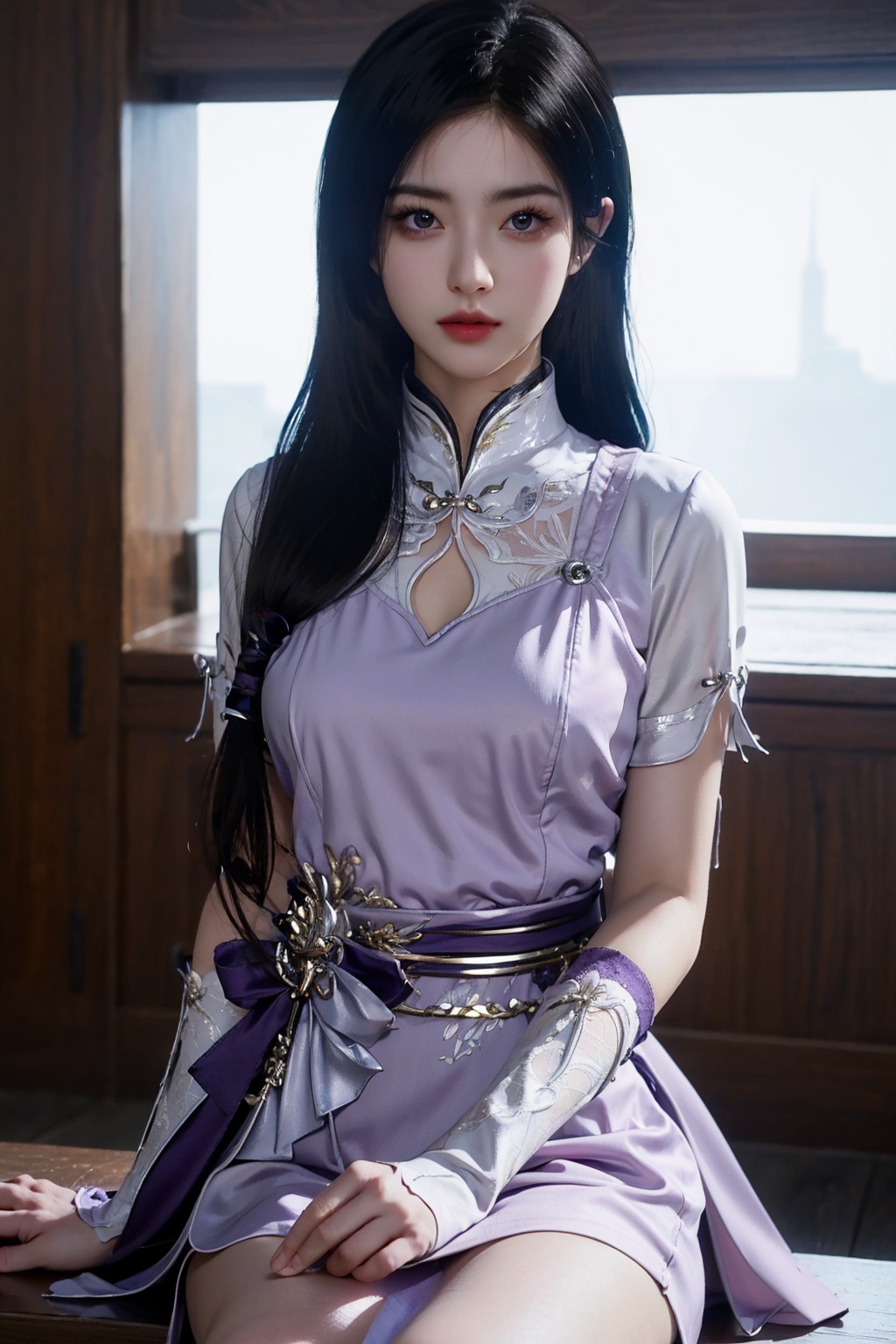 masterpiece,best quality,extremely detailed 8K wallpaper,1girl,lingyueru,black hair,purple and white dress,