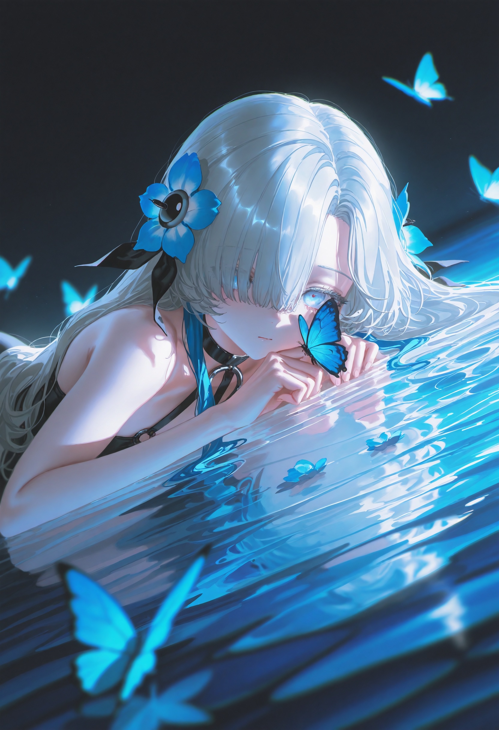 masterpiece,best quality,artist:john_kafka,artist:nixeu,artist:quasarcake,chromatic aberration,film grain,high contrast,color contrast,cold colors,gritty,graphite \\\\(medium\\\\),isekai joucho,1girl,butterfly,bug,long hair,hair ornament,solo,blue butterfly,hair flower,water,partially submerged,flower,bare shoulders,choker,blue hair,dutch angle,o-ring,lying,blurry,butterfly on face,