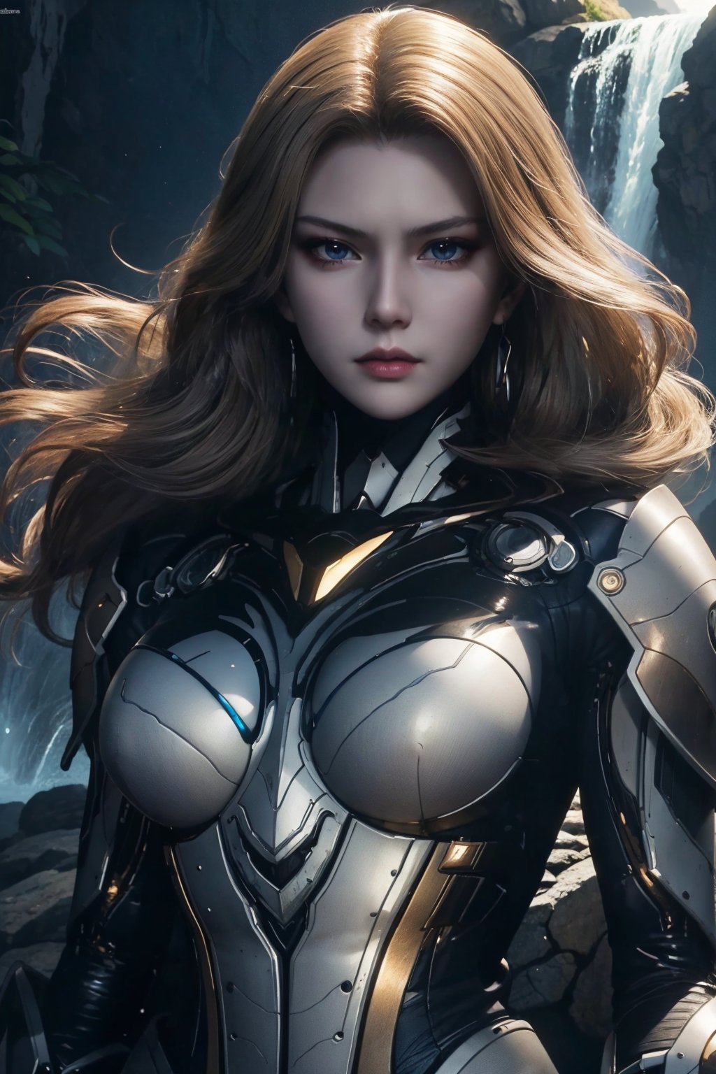masterpiece,best quality,official art,extremely detailed CG unity 8k wallpaper,1girl,upper body,<lora:姑妈:0.55>,mecha,face,waterfall,