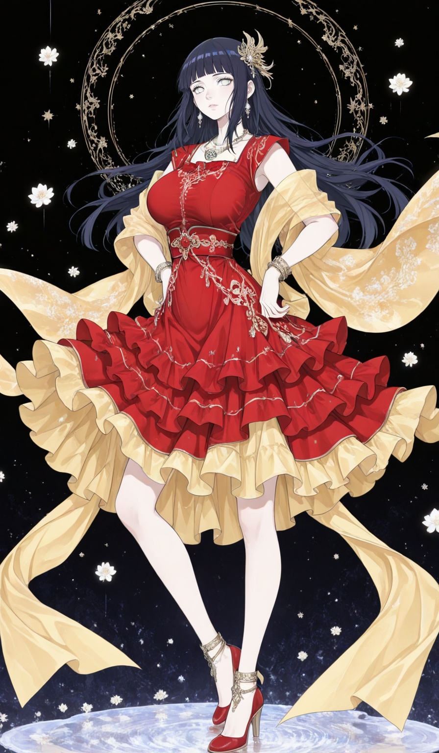 hyuuga hinata Naruto,1girl,hyuuga hinata,solo,long hair,blunt bangs,black hair,(white eyes:1.3),large breasts,no_pupils,1girl,solo,dress,red dress,jewelry,full body,high heels,white background,cape,simple background,necklace,standing,bracelet,hair ornament,looking at viewer,depth of field,masterpiece,best quality,very aesthetic,alternate costume,alternate costume,2024,2023,perfect composition,ultra-detailed,extreme aesthetic,masterpiece,best quality,good quality,newest,year 2024,year 2023,very aesthetic,absurdres,looking_at_viewer,colorful,<lora:色彩滤镜:0.81>,lvjing,black_background,