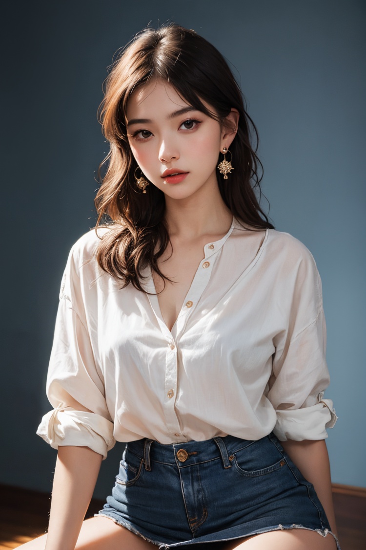 full body,(masterpiece, best quality, ultra high res, photorealistic, realistic, raw photo, real person, photograph), (amazing, finely detail, an extremely delicate and beautiful, intricate art, professional, official art,1girl,hair, three high, mellow, (modern fashion background:1.2), gorgeous, earrings, knee: 1.2), dynamic, atmosphere, white top, black miniskirt, student, cute, desire