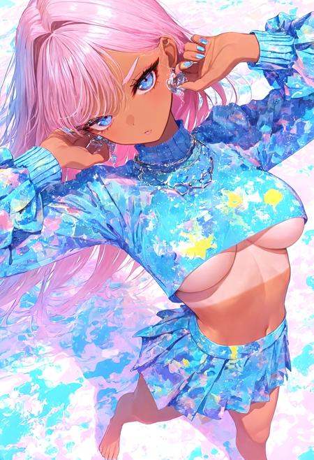 <lora:perspective:0.8> perspective, toes, 1girl, solo, toned body, femme fatale, stunning woman, tan lines, detailed eyes, long eyelashes, puffy eyebrows,wearing a cropped top,underboob,skirt, looking at viewer, (colorful:0.8), lue hue, gentle shadow, <lora:artist_style_mi:0.5> misumi, <lora:0__11Xx:0.8> 0__11Xx_illu, <lora:noobai_vpred_1_masterpieces_v23:1>, masterpiece, best quality, hires, newest, detailed, highly detailed, very aesthetic  ,