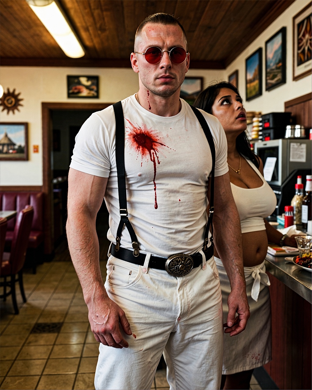 A cinematic still shot bathed in warm fluorescent lighting inside a retro diner with wood-paneled ceilings and vintage dec...
