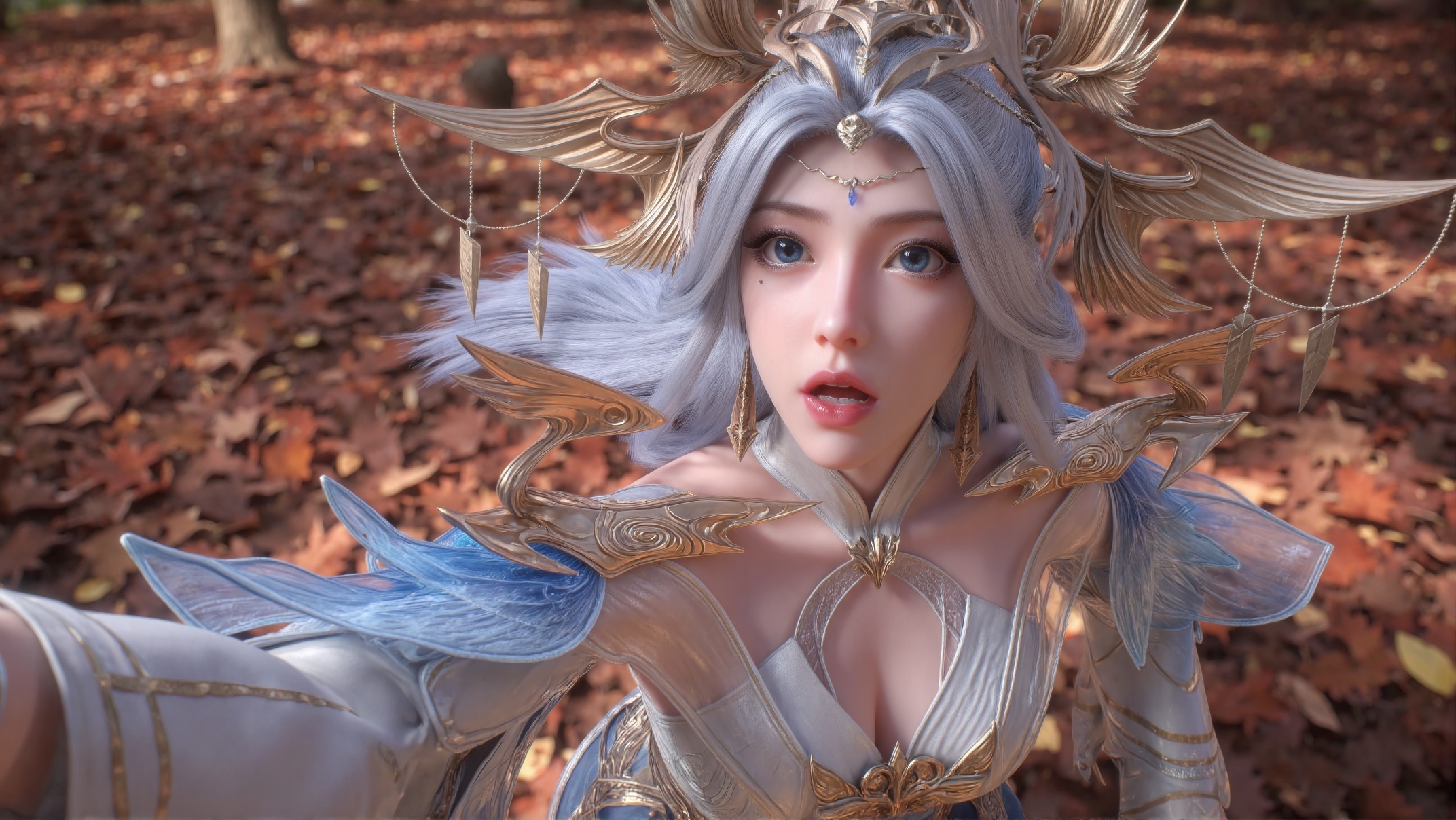 A self of Ningyudie,A self-portrait of an elegant fantasy female character with celestial beauty and a mystical aura,featuring long flowing silver hair,bright blue eyes,red lips,and delicate facial features. She wears an ornate fantasy armor-dress hybrid in white,blue,and gold tones,with feather-like extensions and intricate gold accents. Her attire is complemented by a large ornate headdress with feathers and gold,along with detailed earrings and a necklace showcasing a large blue gemstone. The character is taking a selfie with a shocked expression,one arm extended forward as if holding a camera or smartphone,in a running pose. The shot uses Dutch angle (tilted lens) and motion blur,adding a sense of unease and tension. Behind her,the scene shifts to a beautiful autumn maple forest with leaves falling gently through the air,creating a serene yet dynamic backdrop. The ground is covered with a thick layer of fallen maple leaves in shades of red,orange,and yellow. Rays of sunlight pierce through the canopy,casting soft shadows on the forest floor. The atmosphere feels calm and peaceful,contrasting sharply with the tense posture of the character. Fantasy art style,high detail,cinematic lighting,4K ultra HD.,